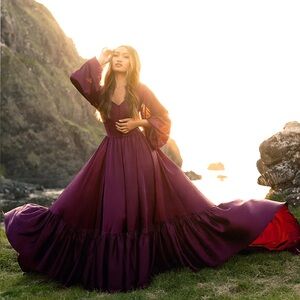 Joyfolie Impact Dress Long Sleeve Burgundy Maxi Dress with Button Front